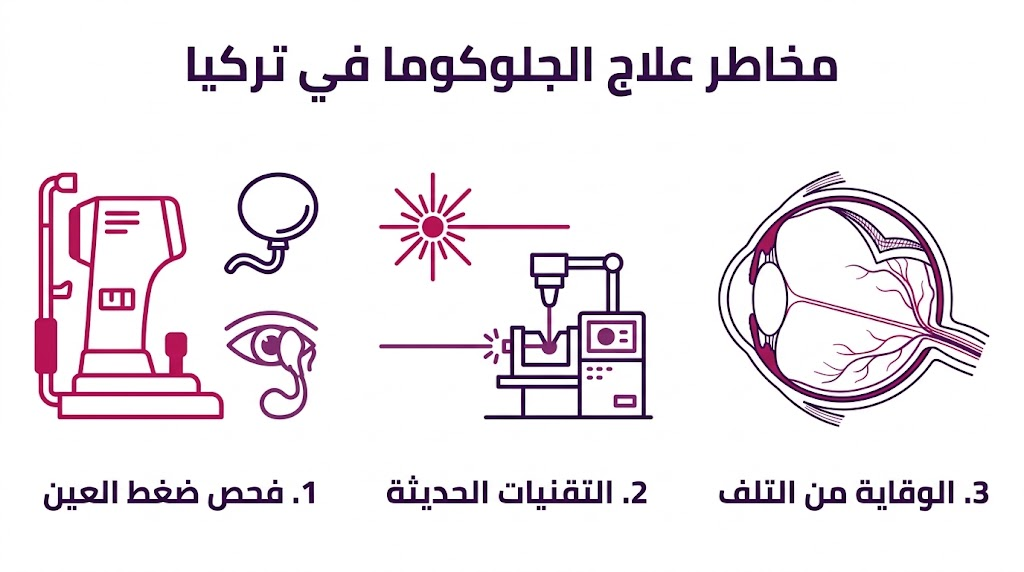 بوستر إنفوجرافيك تعليمي مقسم لثلاثة أقسام يشرح كيفية الحد من مخاطر علاج الجلوكوما في تركيا عبر الفحص والتقنية.