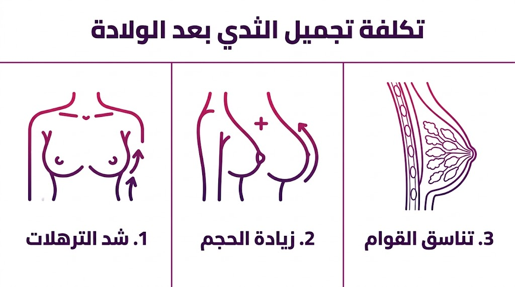 بوستر إنفوجرافيك يوضح خطوات شد الترهلات وزيادة الحجم لتحقيق تناسق القوام ضمن تكلفة تجميل الثدي بعد الولادة.