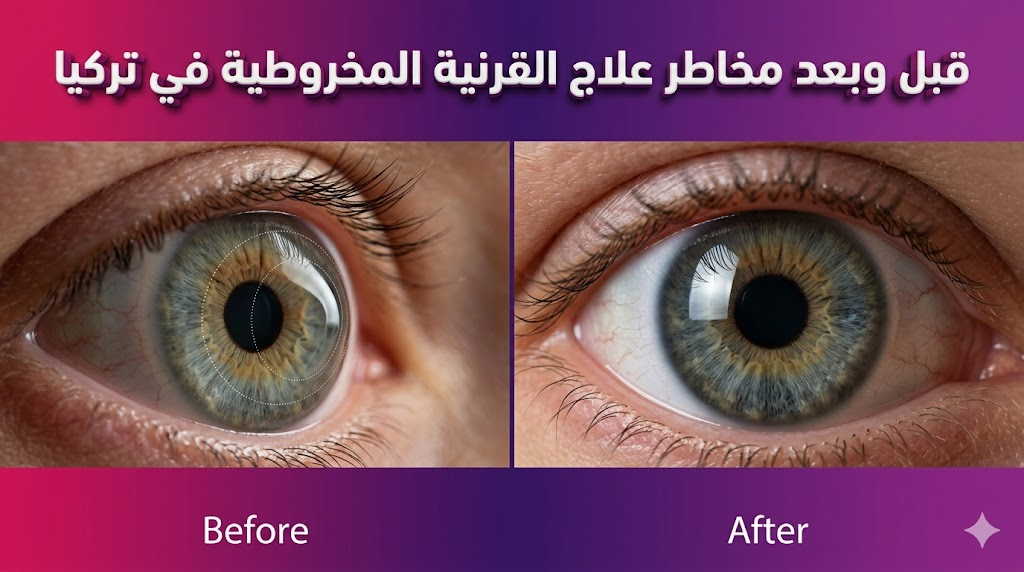 مقارنة قبل وبعد توضح تحسن شكل العين وتجنب مخاطر علاج القرنية المخروطية في تركيا عبر رسم تخطيطي طبي.