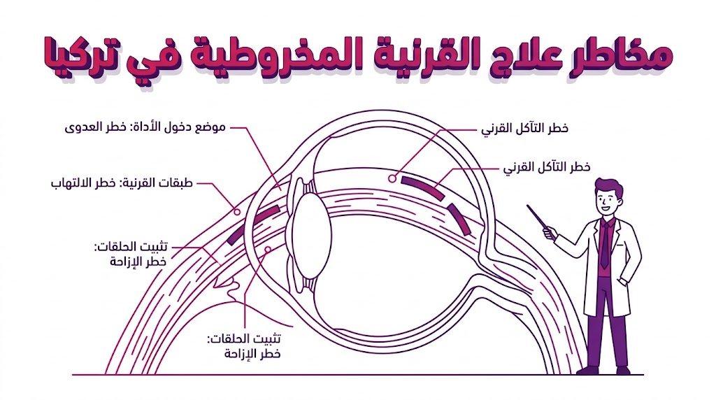  مخطط تشريحي تعليمي يوضح الأجزاء الحيوية المتعلقة بموضوع مخاطر علاج القرنية المخروطية في تركيا.