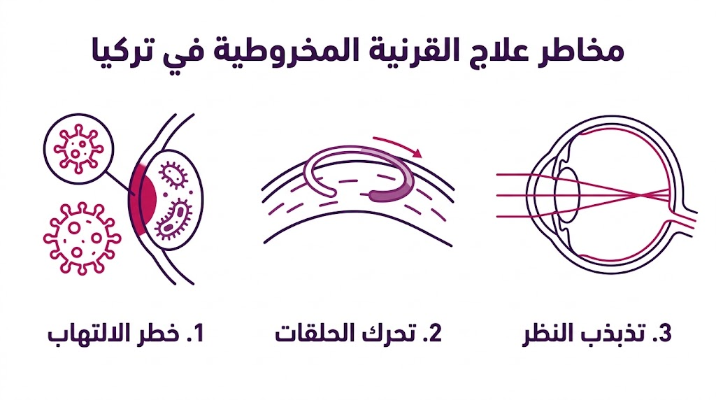 إنفوجرافيك طبي يوضح ثلاثة جوانب هامة حول مخاطر علاج القرنية المخروطية في تركيا.