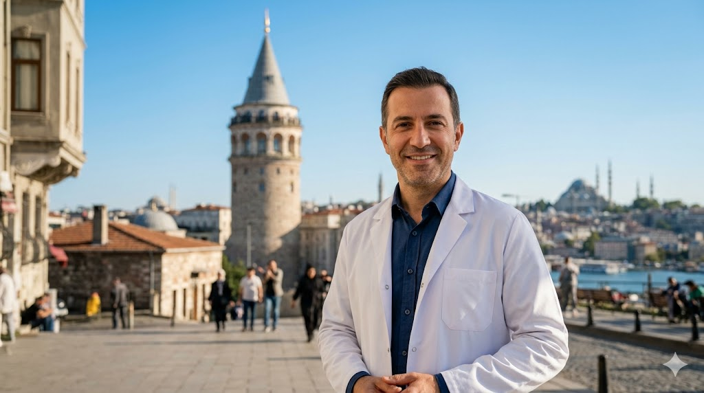 طبيب مختص يقف أمام برج غالاتا في إسطنبول، تعبيراً عن جودة الرعاية الطبية في مخاطر علاج القرنية المخروطية في تركيا.