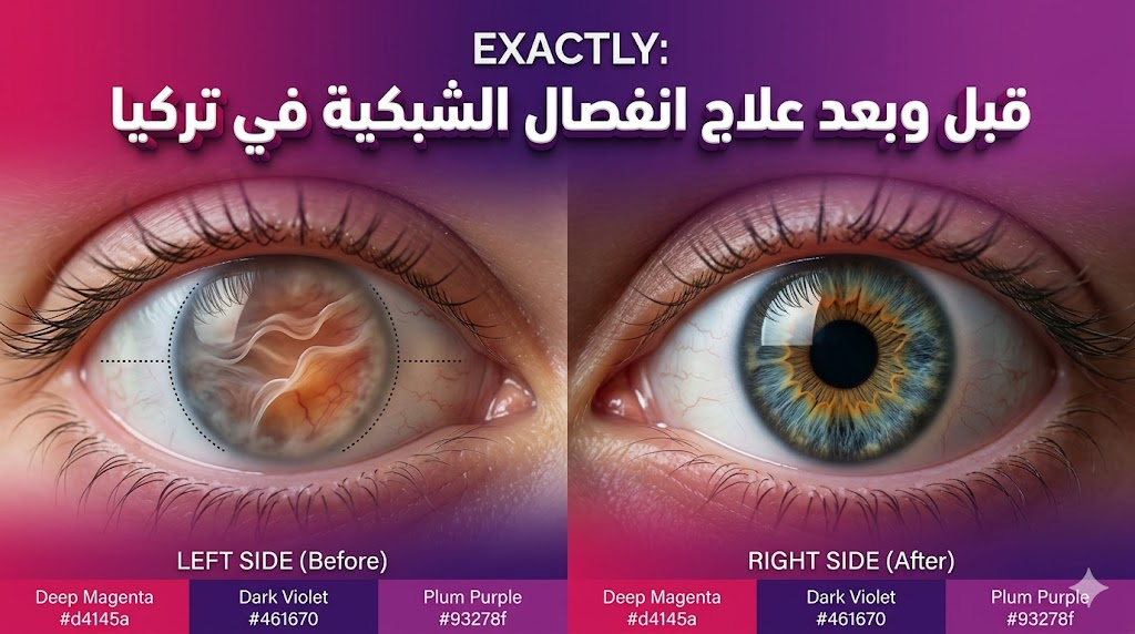  مقارنة قبل وبعد توضح نجاح العمليات وتجاوز مخاطر علاج انفصال الشبكية في تركيا مع رسم توضيحي للعين.