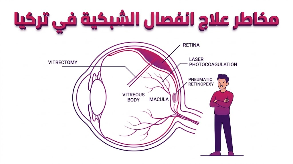  إنفوجرافيك طبي تشريحي يوضح الأجزاء الداخلية للعين المتعلقة بموضوع مخاطر علاج انفصال الشبكية في تركيا.