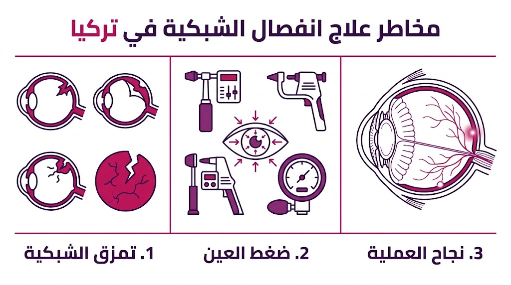  بوستر إنفوجرافيك تعليمي مقسم لثلاثة أقسام يشرح مخاطر علاج انفصال الشبكية في تركيا.