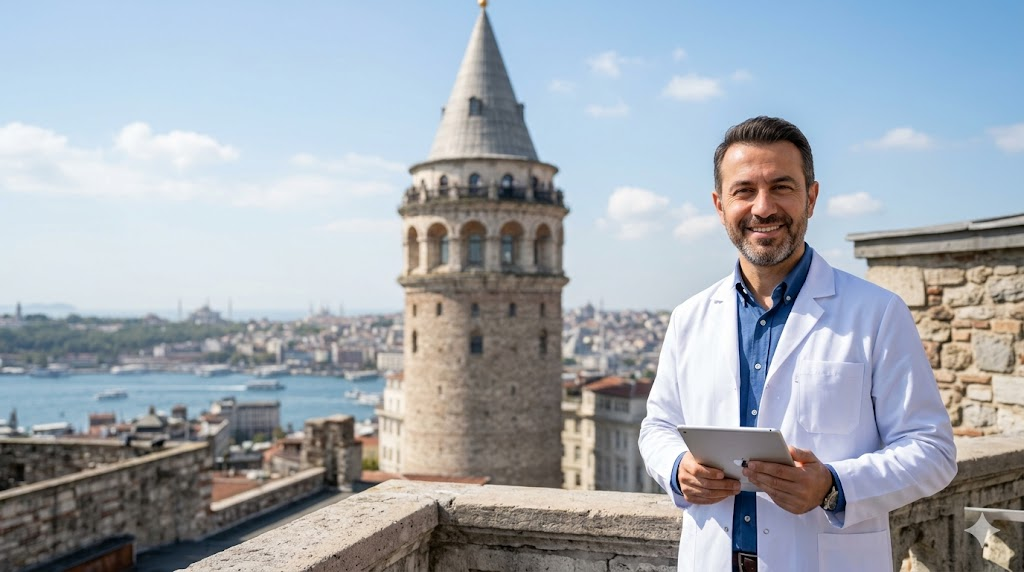 جراح تجميل أمام برج غالاتا في إسطنبول، يعكس الثقة والخبرة في تقديم أفضل تكلفة تجميل الثدي بعد الولادة في تركيا.