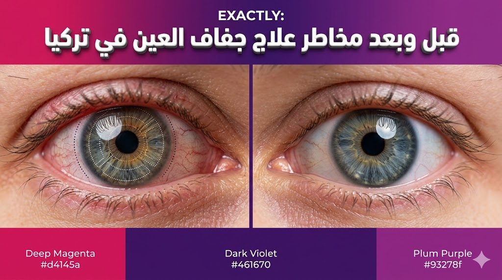 صورة واقعية "قبل وبعد" توضح نتائج تجاوز مخاطر علاج جفاف العين في تركيا والحصول على عين صحية.