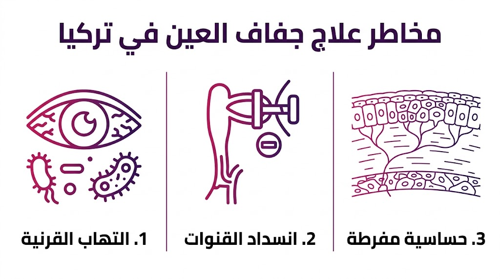 إنفوجرافيك تعليمي يستعرض 3 نقاط أساسية حول مخاطر علاج جفاف العين في تركيا وكيفية تجنبها.