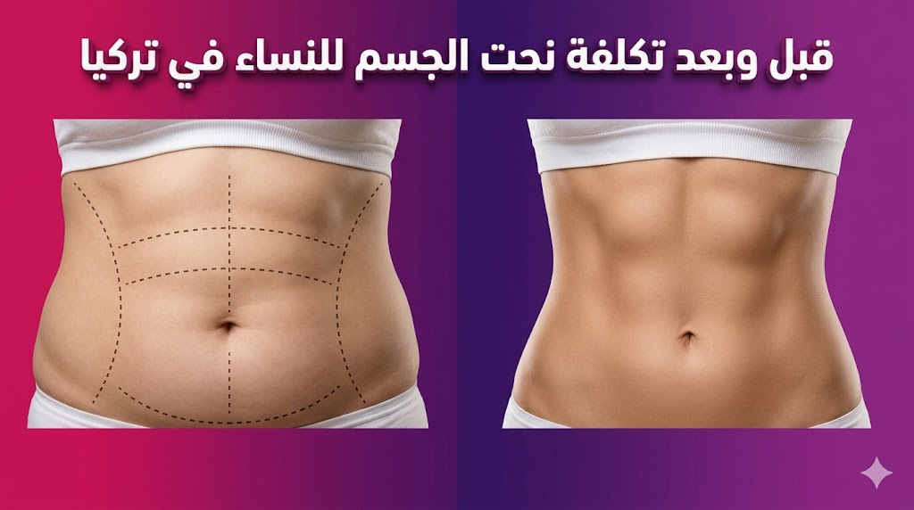  صورة مقارنة "قبل وبعد" توضح نتائج و تكلفة نحت الجسم للنساء في تركيا مع تحديدات جراحية دقيقة وقوام مثالي.