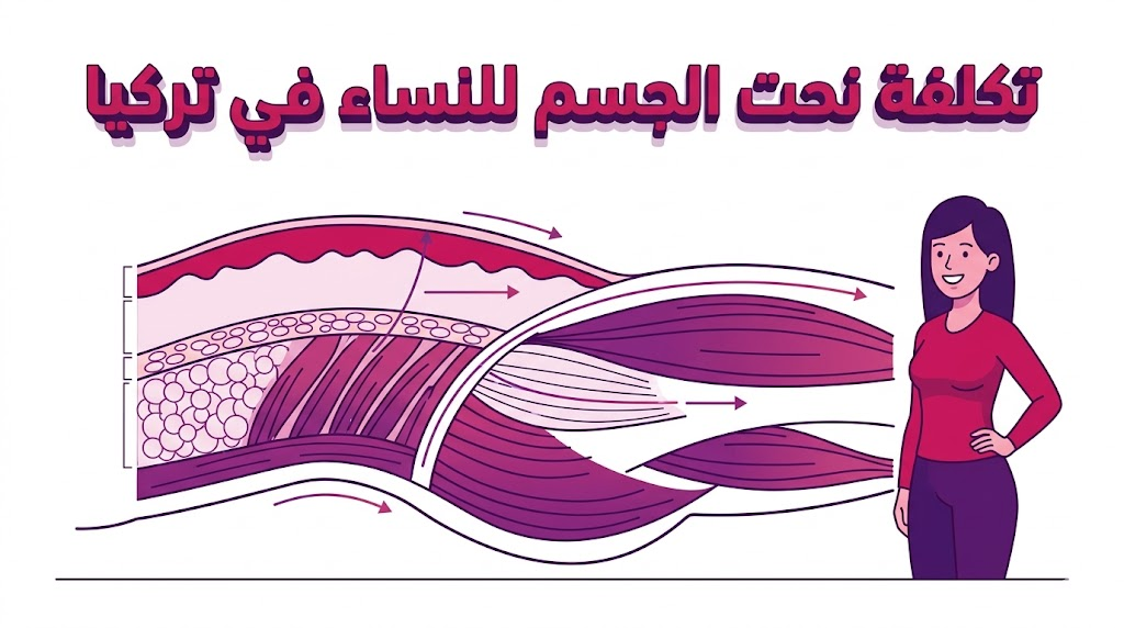 إنفوجرافيك طبي يشرح التشريح الداخلي لعملية تكلفة نحت الجسم للنساء في تركيا بأسلوب الرسم الهندسي الفاخر.