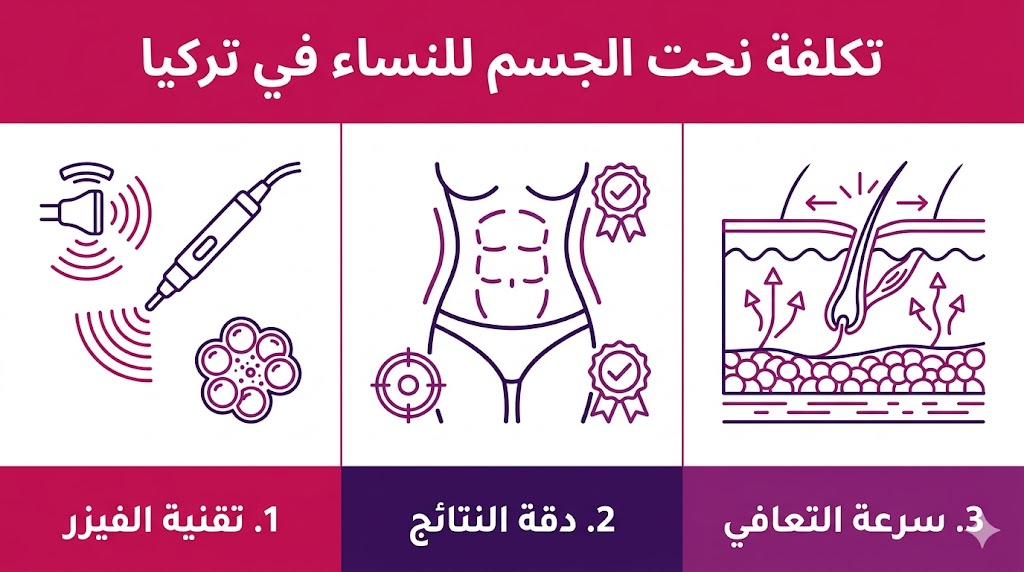 بوستر إنفوجرافيك يوضح العوامل المؤثرة في تكلفة نحت الجسم للنساء في تركيا مثل التقنيات والنتائج وفترة الاستشفاء.