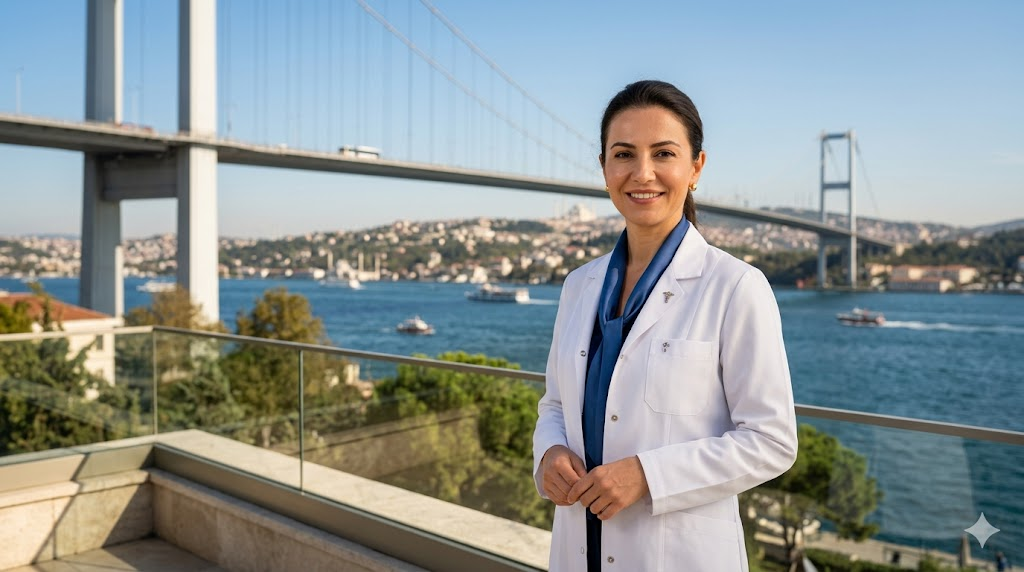 طبيبة تجميل متخصصة في تكلفة نحت الجسم للنساء في تركيا تقف أمام جسر البوسفور في إسطنبول بلقطة احترافية.
