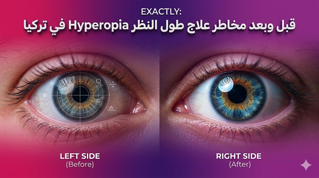  مقارنة قبل وبعد توضح نتائج وعملية تفادي مخاطر علاج طول النظر Hyperopia في تركيا مع رسم تخطيطي طبي للعين.
