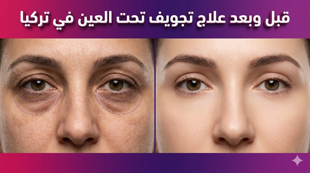صورة قبل وبعد علاج تجويف تحت العين في تركيا تظهر الفرق الشاسع في ملء منطقة الهالات واستعادة حيوية العين.