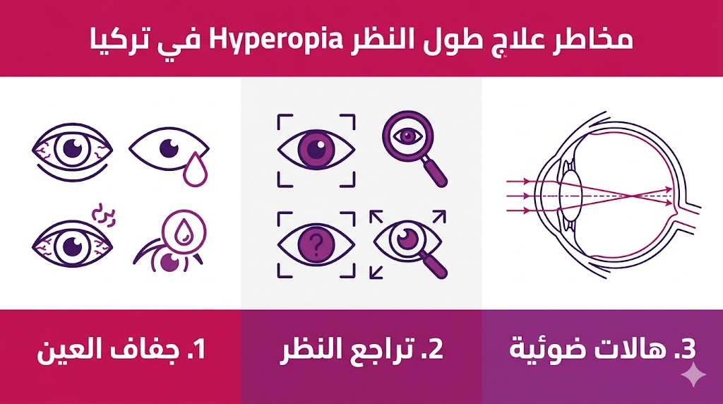  بوستر إنفوجرافيك طبي يوضح 3 نقاط أساسية حول مخاطر علاج طول النظر Hyperopia في تركيا وكيفية التعامل معها.
