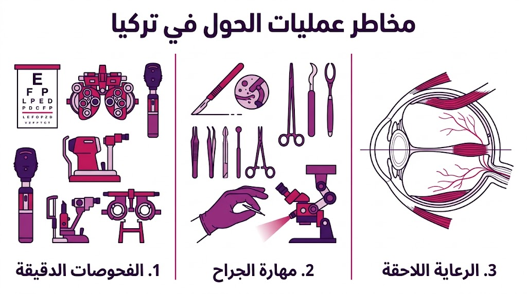  إنفوجرافيك طبي يوضح ثلاث خطوات أساسية للحد من مخاطر عمليات الحول في تركيا وضمان أفضل النتائج العلاجية.