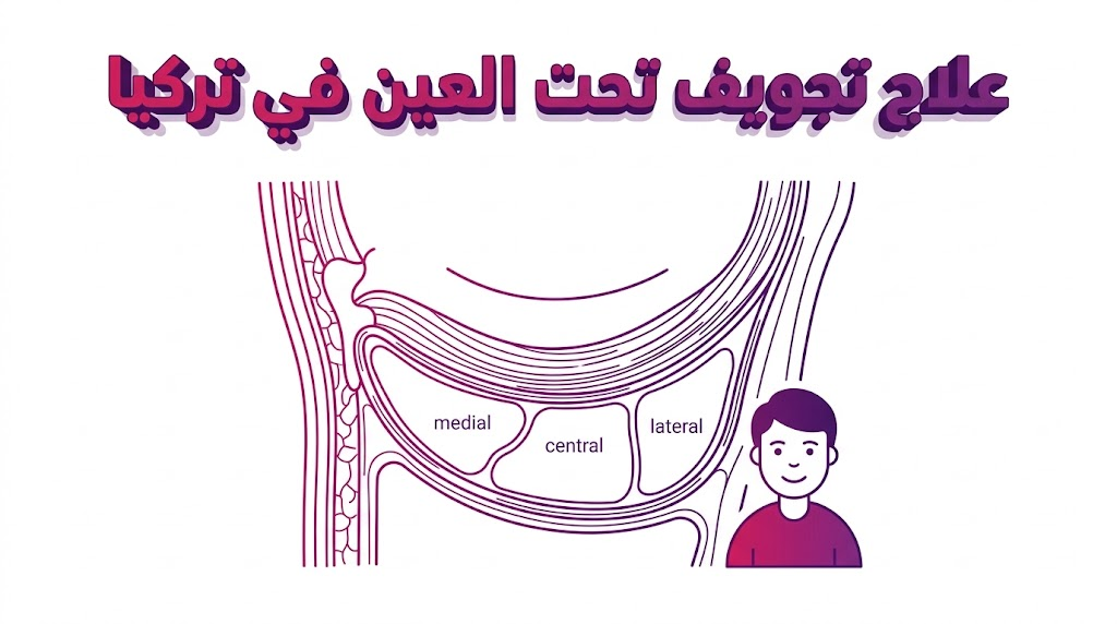 إنفوجرافيك طبي يشرح التشريح الداخلي وكيفية علاج تجويف تحت العين في تركيا بأسلوب تعليمي دقيق.