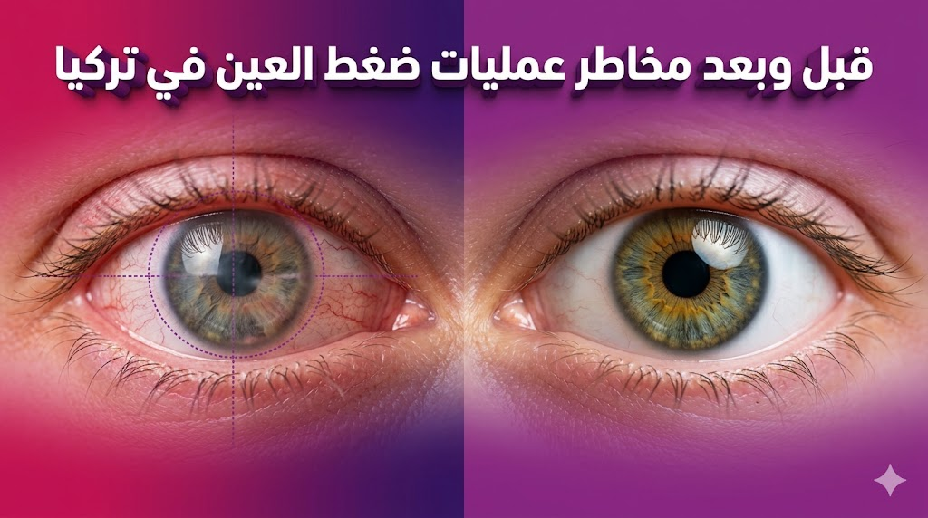 مقارنة قبل وبعد توضح تحسن حالة العين وتجنب مخاطر عمليات ضغط العين في تركيا مع نص عربي ثلاثي الأبعاد.