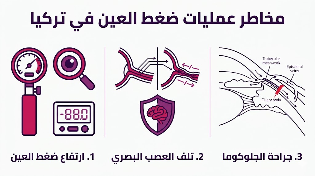  إنفوجرافيك طبي يوضح ثلاث نقاط رئيسية تتعلق بـ مخاطر عمليات ضغط العين في تركيا.