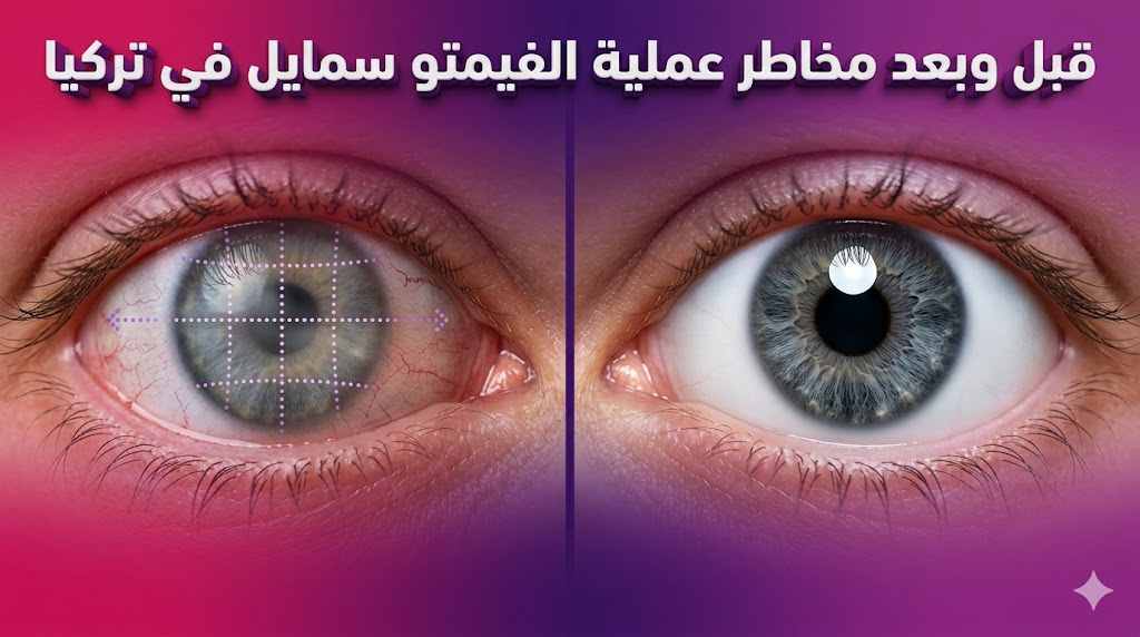 مقارنة قبل وبعد توضح نتائج تجنب مخاطر عملية الفيمتو سمايل في تركيا مع نص عربي ثلاثي الأبعاد.