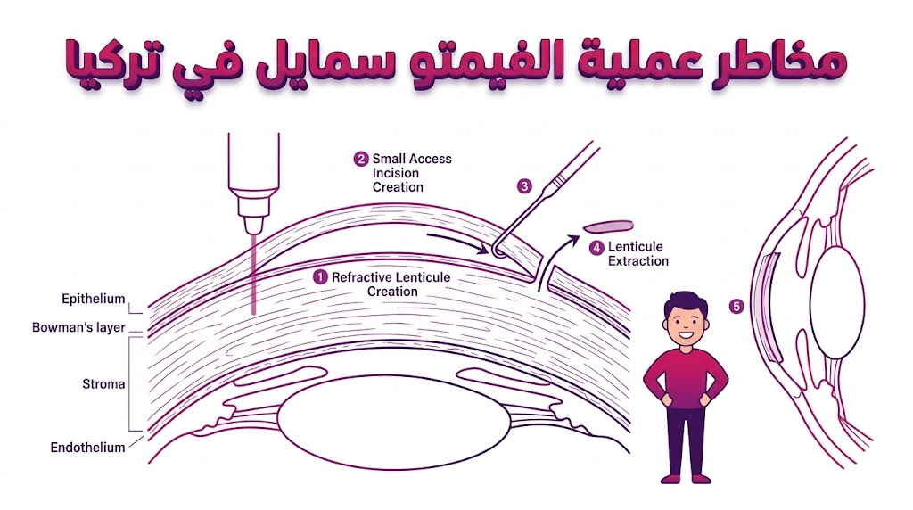 إنفوجرافيك طبي تشريحي يوضح البنية الداخلية للعين وعلاقتها بـ مخاطر عملية الفيمتو سمايل في تركيا بشكل علمي مبسط.