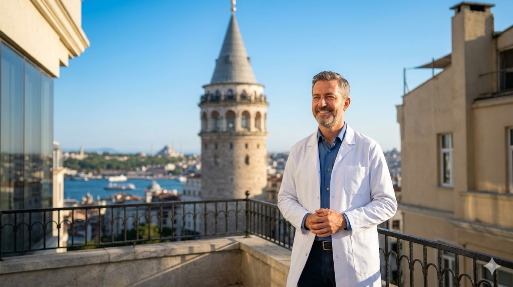 طبيب عيون مختص يقف أمام برج غالاتا في إسطنبول، يمثل الموثوقية الطبية عند مناقشة مخاطر عملية الفيمتو سمايل في تركيا.