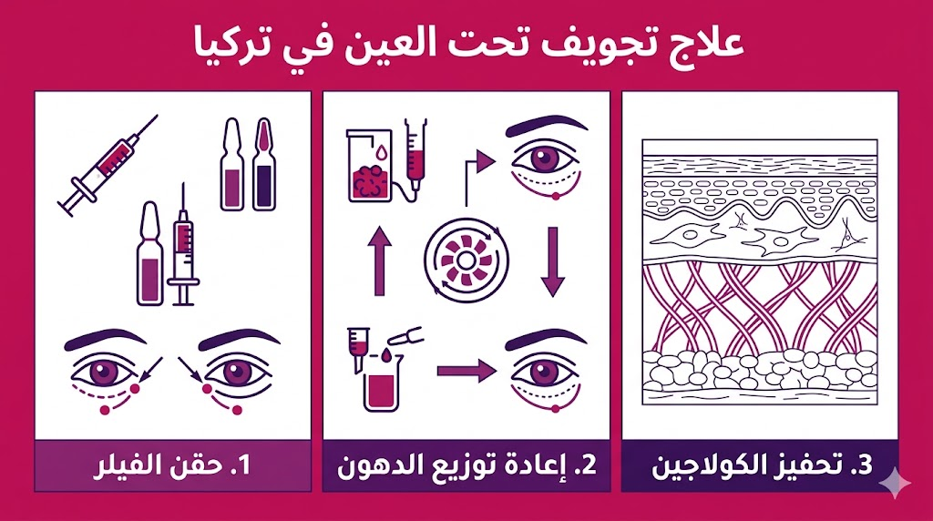 بوستر إنفوجرافيك يوضح التقنيات الثلاث الرئيسية المستخدمة في علاج تجويف تحت العين في تركيا.