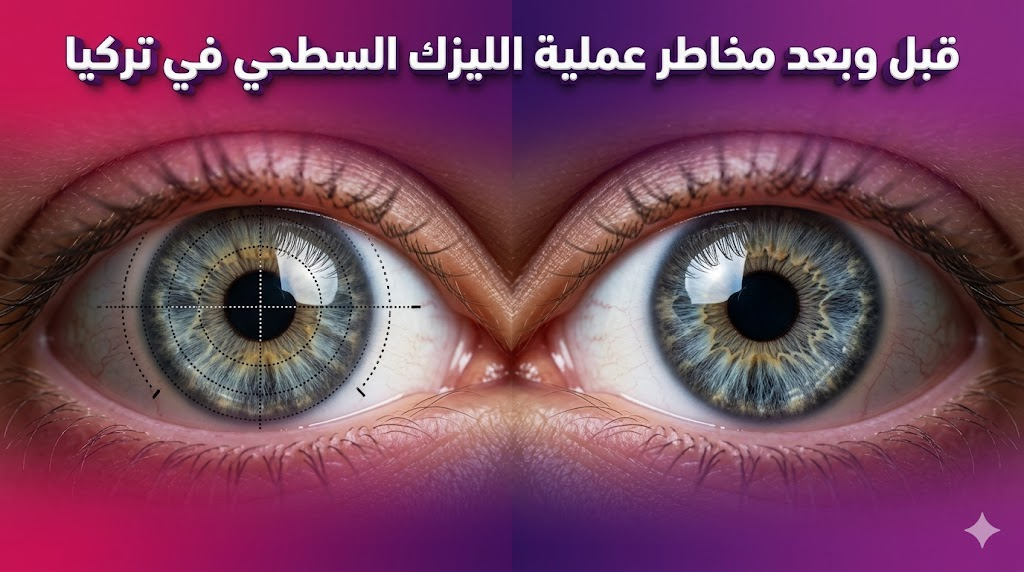 مقارنة توضيحية قبل وبعد توضح نتائج وتجنب مخاطر عملية الليزك السطحي في تركيا.