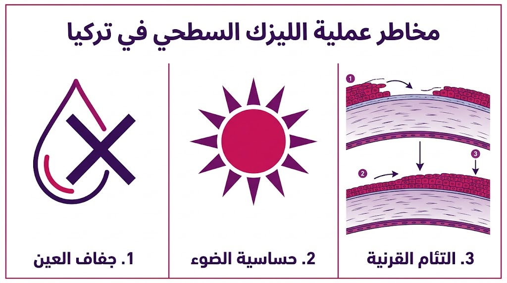 بوستر إنفوجرافيك تعليمي يوضح أهم مخاطر عملية الليزك السطحي في تركيا بشكل مبسط.
