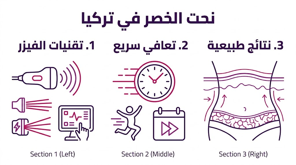 ملصق إنفوجرافيك يوضح مزايا تقنيات نحت الخصر في تركيا من حيث التكنولوجيا والتعافي.