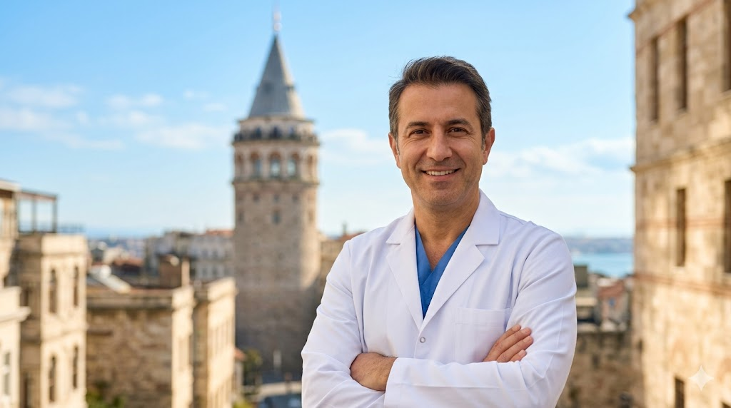 طبيب تجميل خبير يقف أمام برج غالاتا في اسطنبول، يرمز إلى جودة ميزات نحت الخصر في تركيا والسياحة العلاجية.
