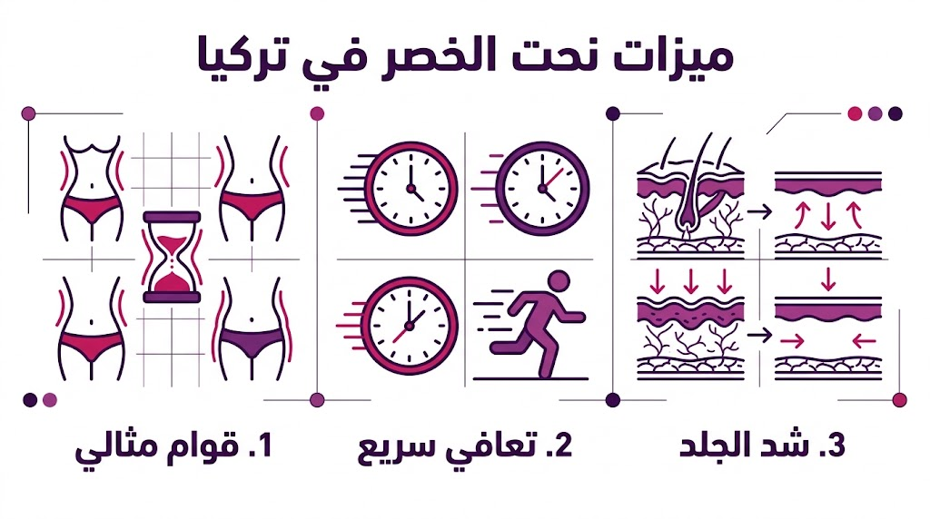 بوستر إنفوجرافيك تعليمي يلخص ميزات نحت الخصر في تركيا من حيث التقنية والتعافي والدقة.
