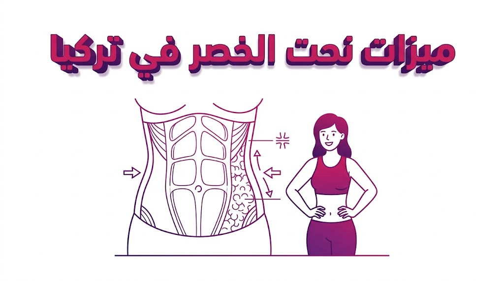  إنفوجرافيك تشريحي يوضح العلم وراء ميزات نحت الخصر في تركيا مع رسم بياني للطبقات الدهنية وقوام مثالي.