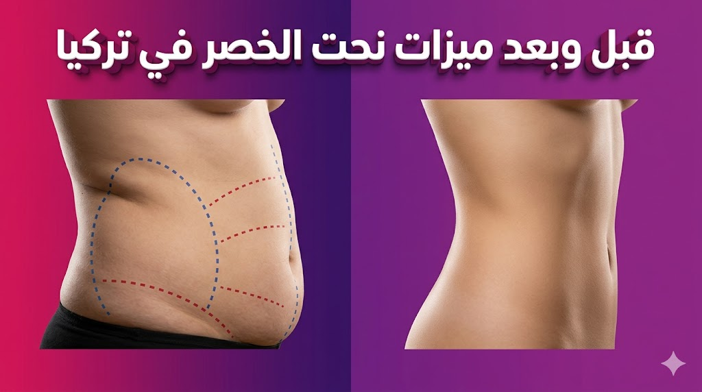 صورة مقارنة "قبل وبعد" توضح نتائج ميزات نحت الخصر في تركيا مع علامات جراحية وخصر منحوت بدقة.