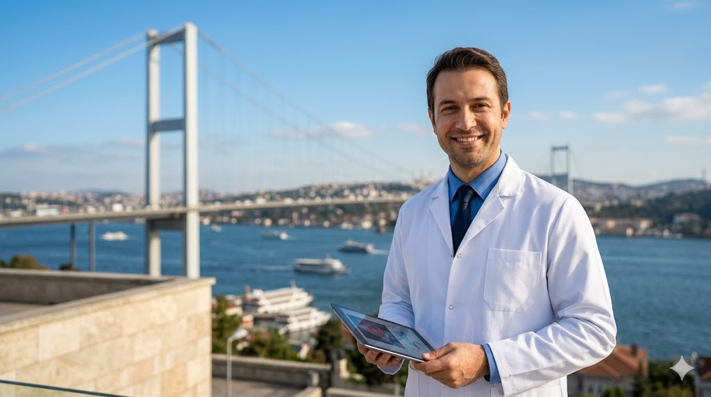 طبيب تجميل متخصص يقف أمام جسر البوسفور في إسطنبول، تعبيرًا عن جودة الخدمات الطبية لمواجهة مخاطر نحت الخصر في تركيا.
