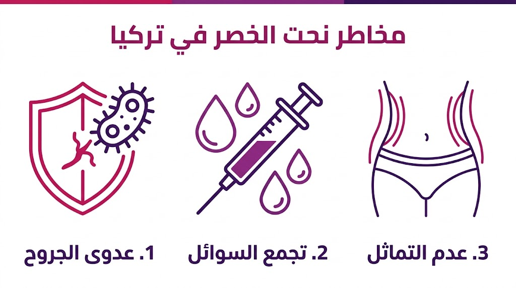 بوستر إنفوجرافيك مقسم لثلاثة أقسام يشرح عدوى الجروح وتجمع السوائل وعدم التماثل ضمن مخاطر نحت الخصر في تركيا.