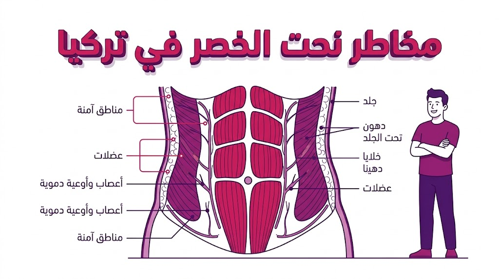 إنفوجرافيك طبي تشريحي يوضح طبقات الجلد والدهون المتعلقة بعملية مخاطر نحت الخصر في تركيا بأسلوب فني هندسي.