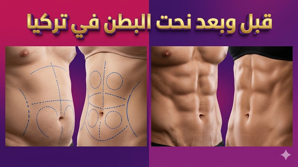 مقارنة واقعية تظهر علامات التخطيط الجراحي والنتائج النهائية لعملية نحت البطن في تركيا.