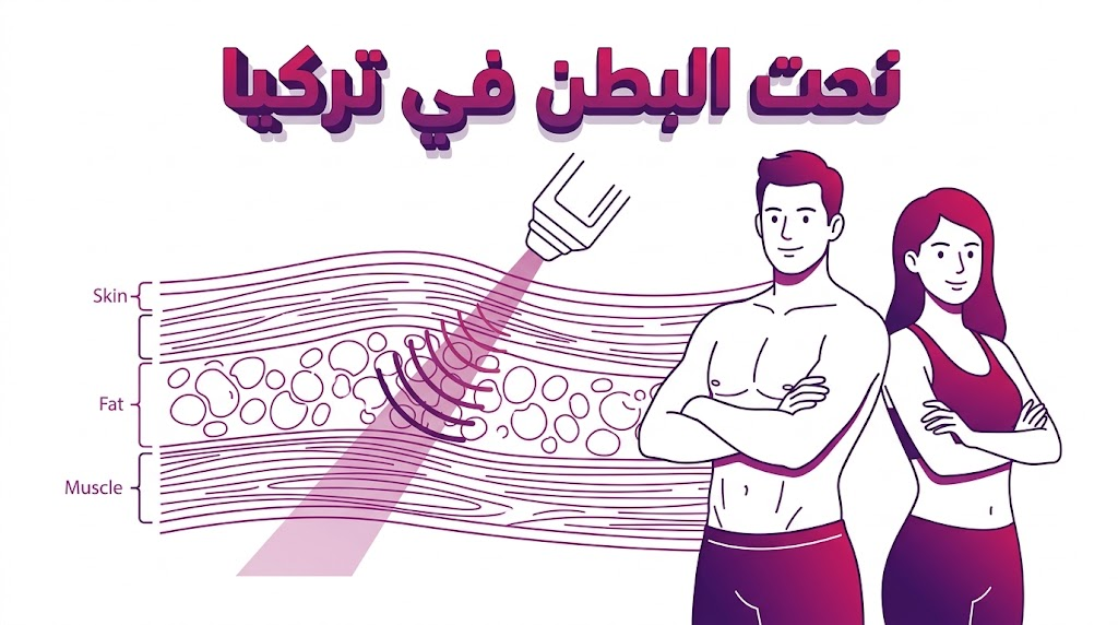 مخطط تشريحي تعليمي يوضح آلية عمل نحت البطن في تركيا وكيفية استهداف الدهون بدقة.