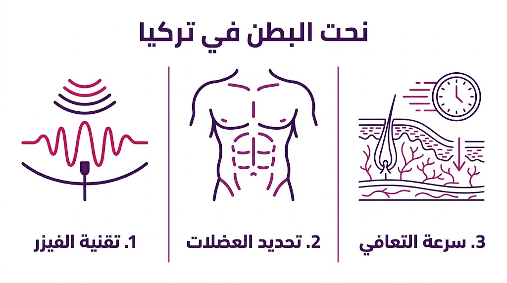 إنفوجرافيك طبي يوضح مميزات تقنية الفيزر وتحديد العضلات وسرعة الشفاء عند إجراء نحت البطن في تركيا.