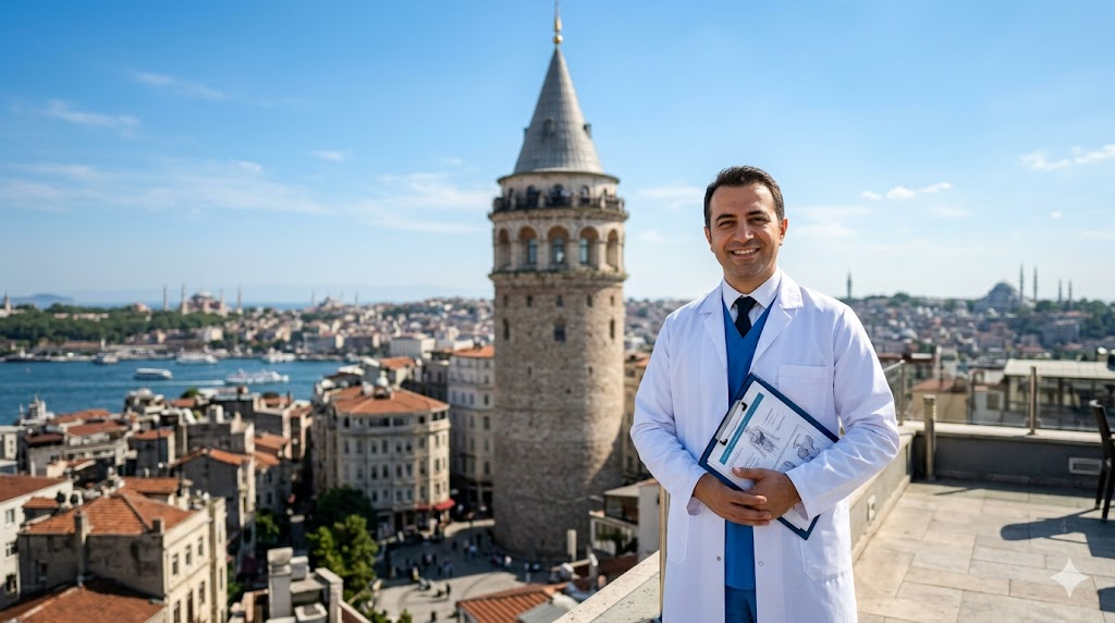 طبيب تجميل متخصص يقف أمام برج غالاتا في إسطنبول، يمثل وجهة سياحة علاجية لإجراء نحت البطن في تركيا.
