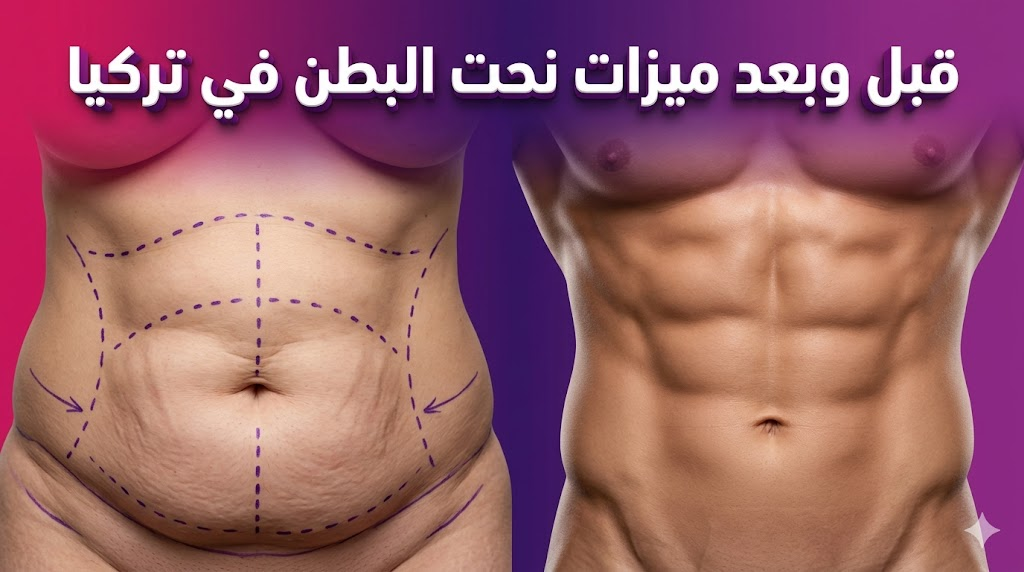 مقارنة قبل وبعد توضح نتائج ميزات نحت البطن في تركيا مع علامات التخطيط الجراحي والقوام المثالي.