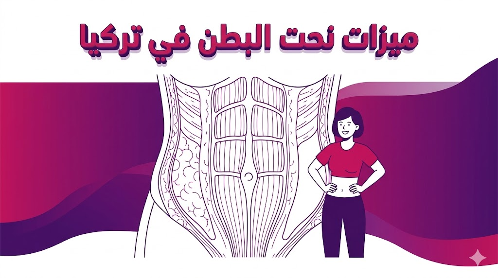 إنفوجرافيك طبي يشرح التشريح العضلي وتوزيع الدهون ضمن ميزات نحت البطن في تركيا.