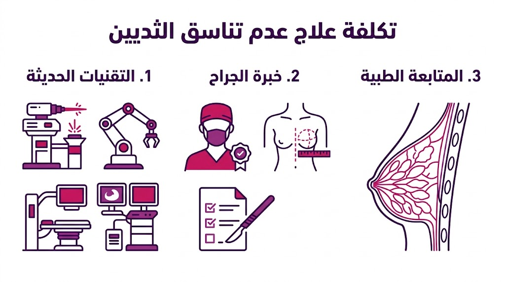 إنفوجرافيك مقسم لثلاثة أقسام يشرح العوامل المؤثرة في تكلفة علاج عدم تناسق الثديين.