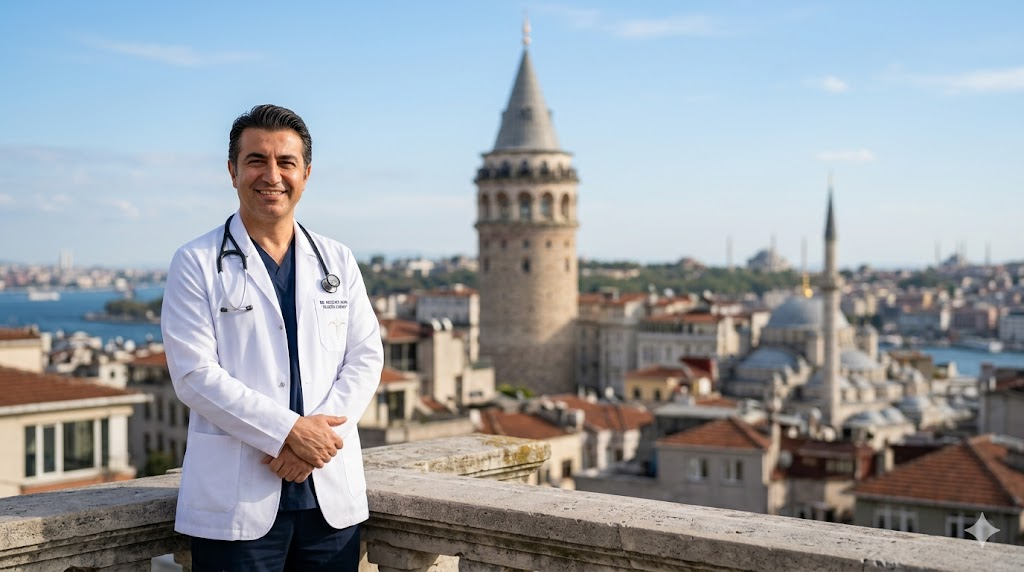 طبيب تجميل متخصص يقف أمام برج غالاتا في إسطنبول للترويج عن ميزات نحت البطن في تركيا.