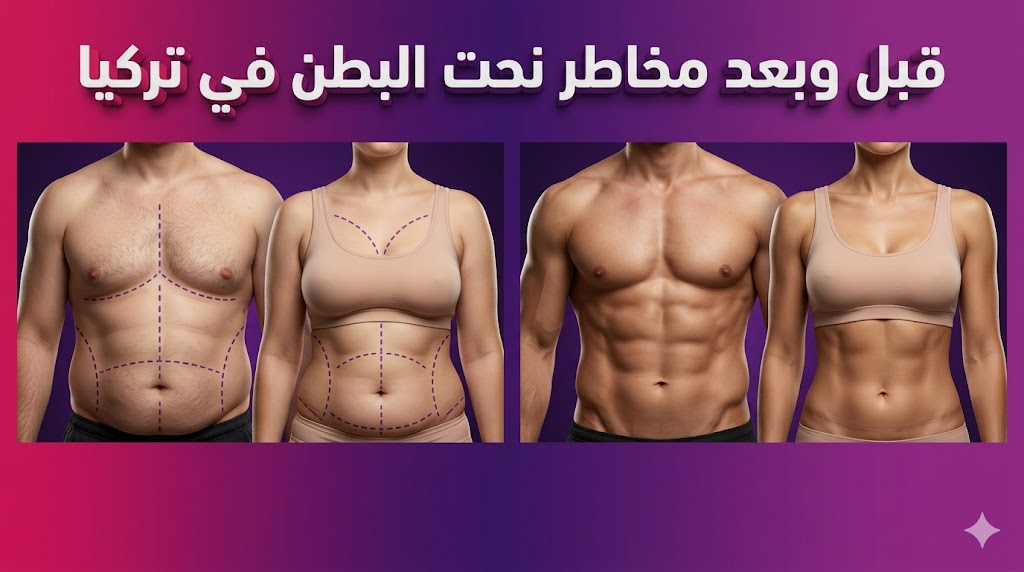 مقارنة قبل وبعد توضح التخطيط الطبي الدقيق والنتائج النهائية لتجنب مخاطر نحت البطن في تركيا.