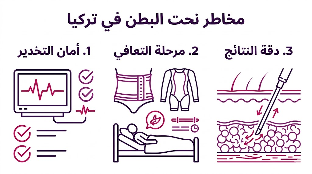 بوستر إنفوجرافيك مقسم لثلاثة أقسام تشرح أمان التخدير ومراحل التعافي لضمان تجنب مخاطر نحت البطن في تركيا.