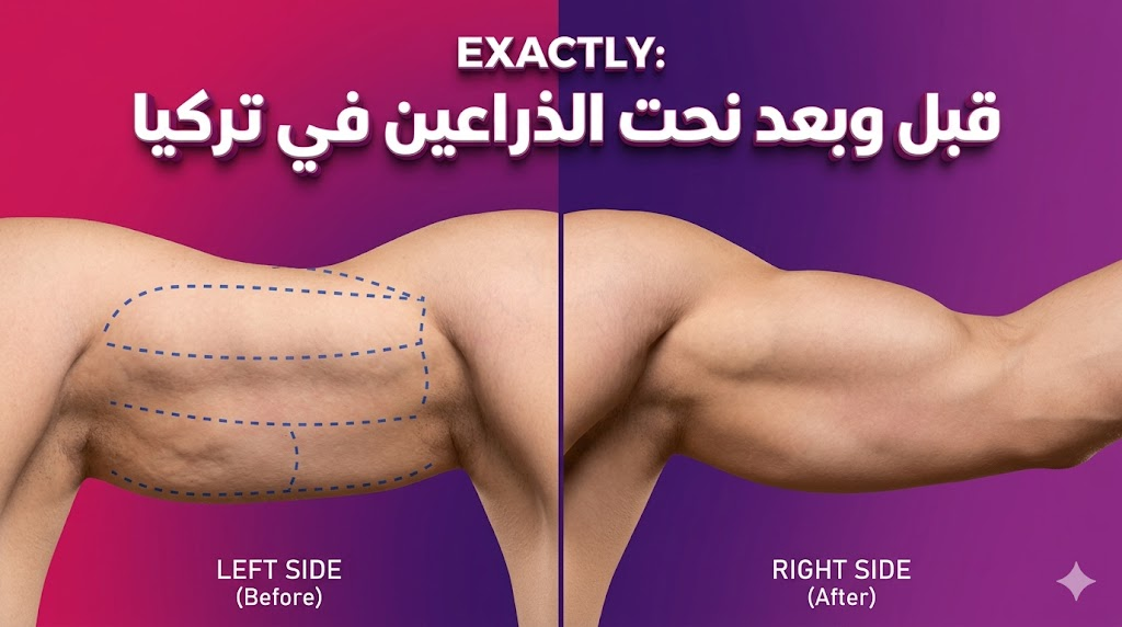 مقارنة قبل وبعد تظهر نتائج نحت الذراعين في تركيا مع علامات التخطيط الجراحي والنتيجة النهائية المشدودة.