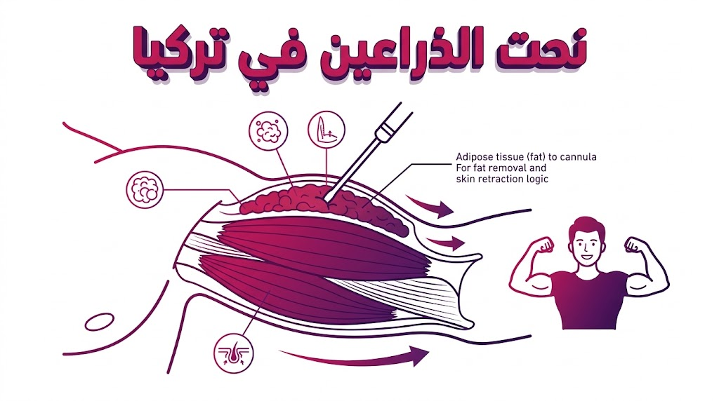 إنفوجرافيك طبي يوضح التشريح الداخلي للذراع وكيفية استهداف الدهون أثناء عملية نحت الذراعين في تركيا.