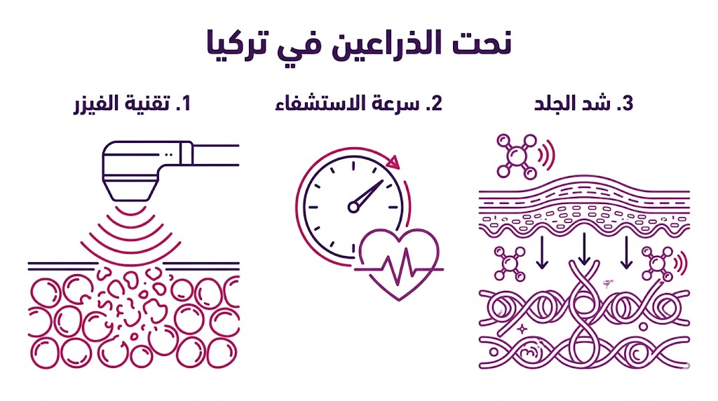 بوستر إنفوجرافيك يوضح ثلاث ركائز أساسية لعملية نحت الذراعين في تركيا تشمل التقنية والتعافي وشد الجلد.